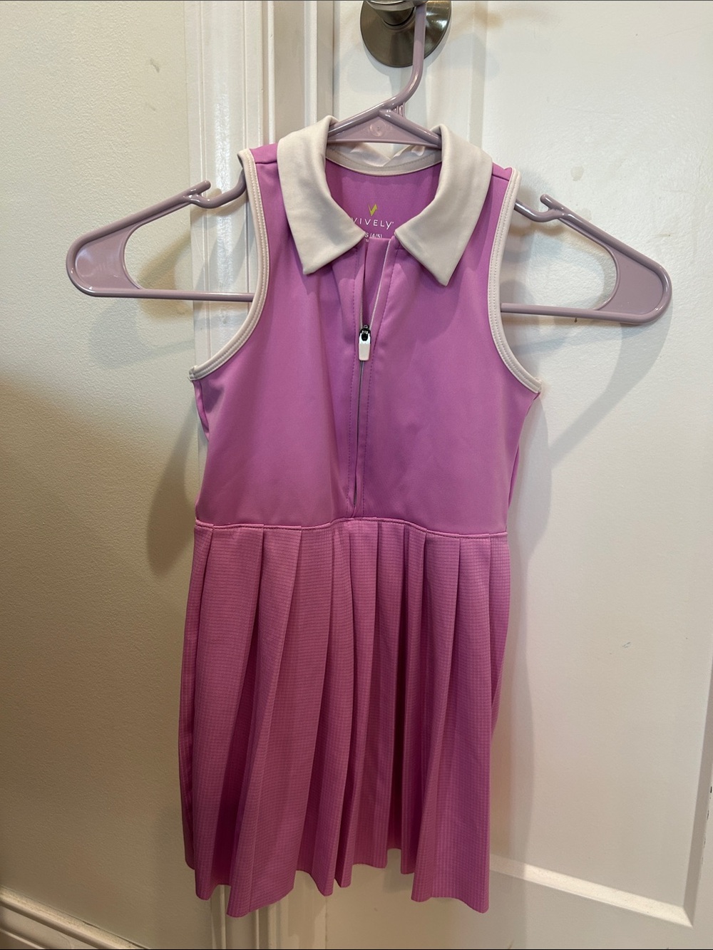 Lively Pink Sleeveless Pleated Tennis Dress with White Collar